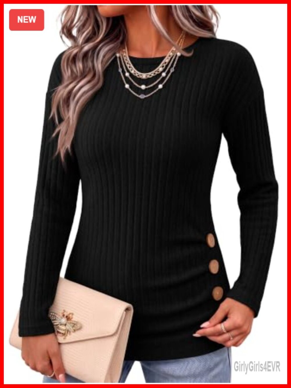 ANRABESS Ribbed Knit Long Sleeve Tunic Top with Side Buttons Business Casual
